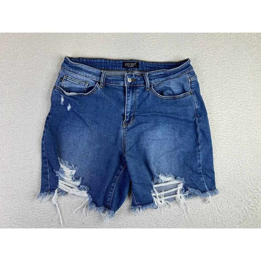 Judy Blue Denim Shorts Womens 1XL Blue Cutoff Distressed Stretch 7 Inseam